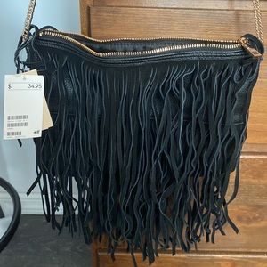 NWT black faux leather purse / bag with fringes